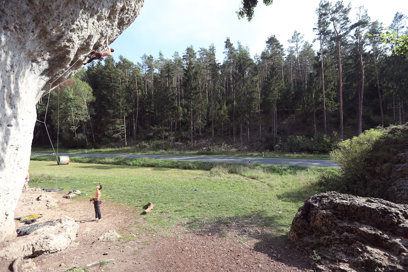 Limestone crag above a meadow and pine forest in Frankenjura, Germany, birthplace of the redpoint – Rockbusters