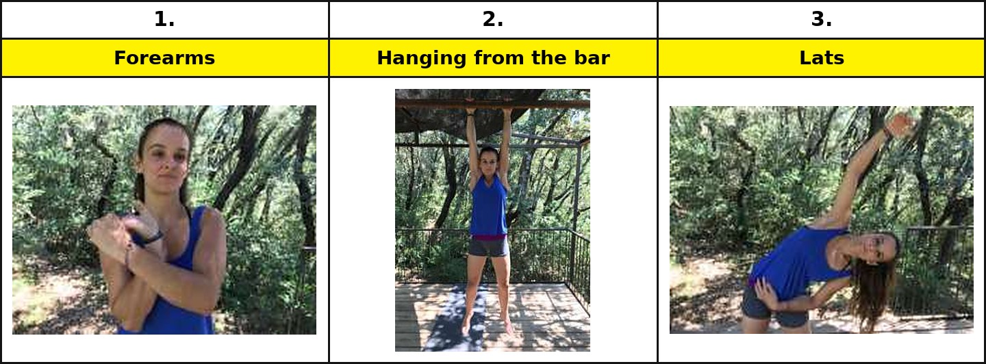 Marta Palou demonstrating stretches 1 to 3: forearms, hanging from the bar, and lats