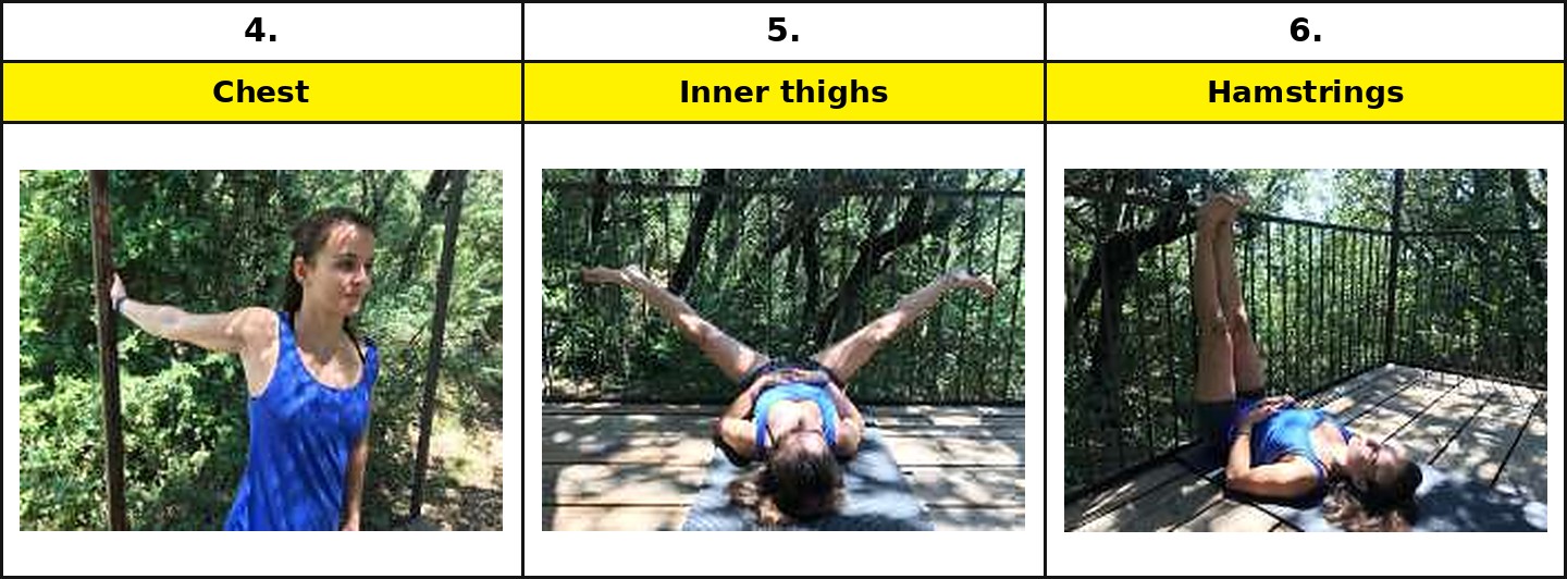 Marta Palou demonstrating stretches 4 to 6: chest, inner thighs, and hamstrings