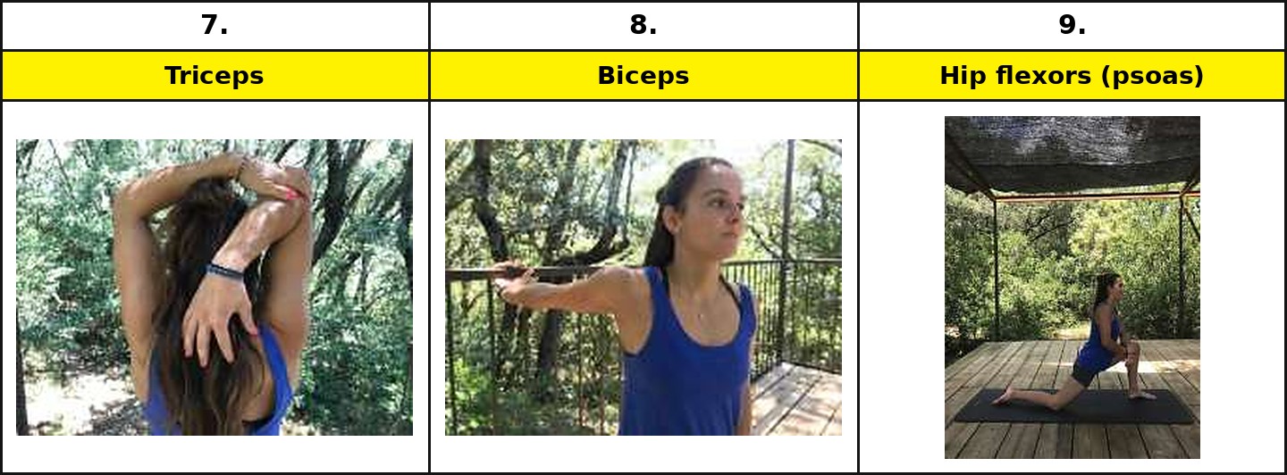 Marta Palou demonstrating stretches 7 to 9: triceps, biceps, and hip flexors